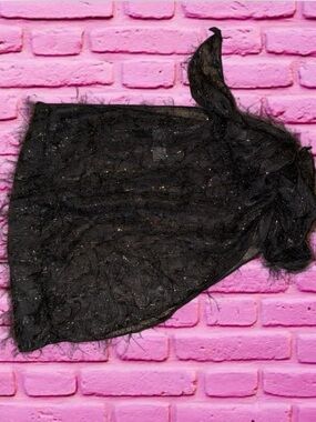 Fashion Nova Black Feather Trim Sparkle Beach Cover up